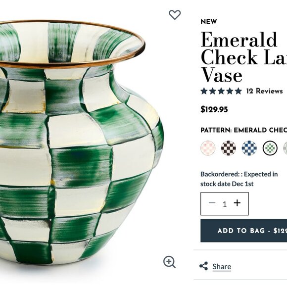 NEW MacKenzie-Childs Emerald Check Large Vase - Picture 1 of 3